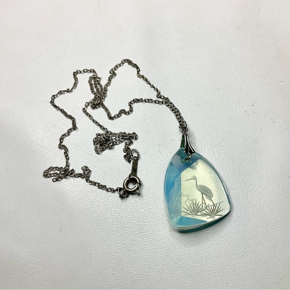 Art Deco Sterling Opaline Glass Necklace Japanese Carved Crane